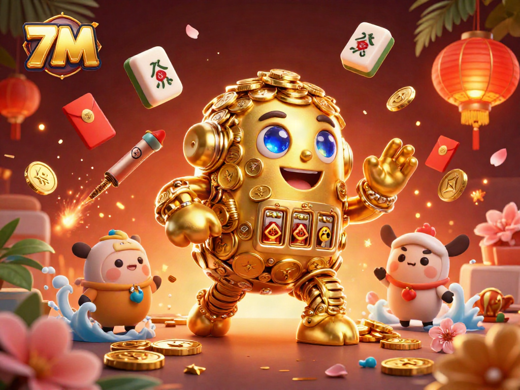 7M's dynamic golden golem illustration showcasing rich casino elements and lively visuals from online gambling.