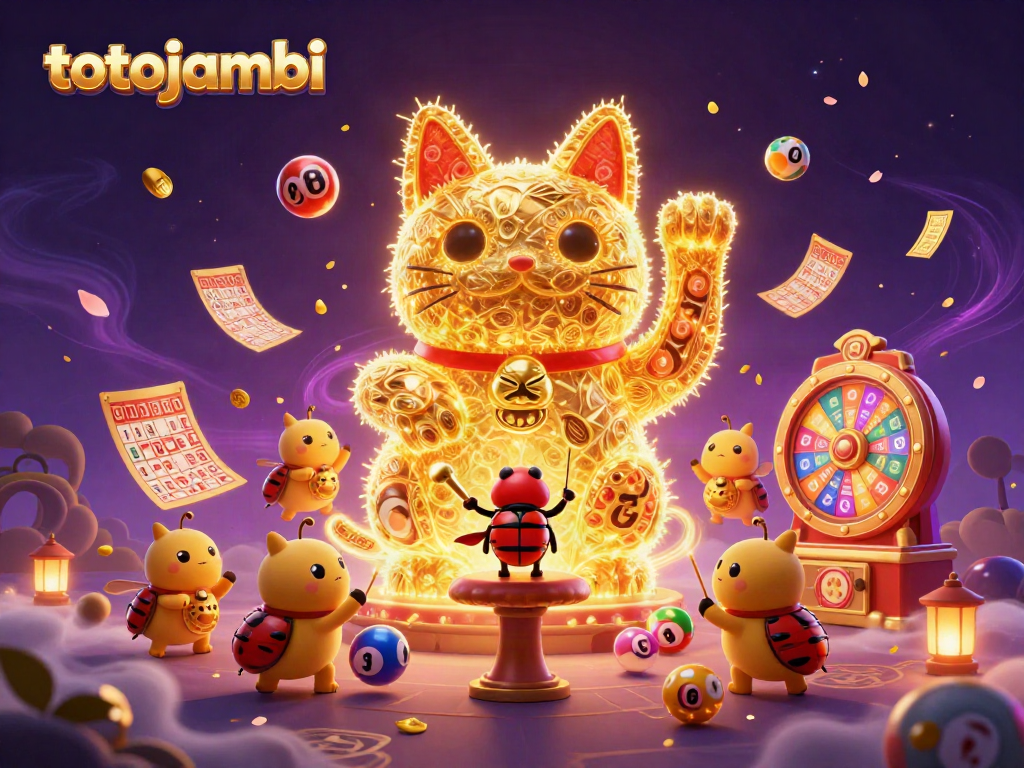 Experience the excitement of totojambi with a vibrant 3D illustration of a lucky cat and dynamic lottery elements.