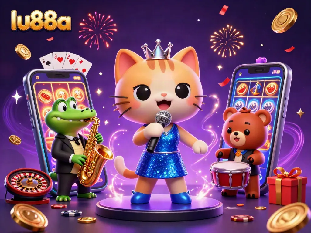 Experience the excitement of lu88a with vibrant casino elements and lively characters in a dazzling scene.