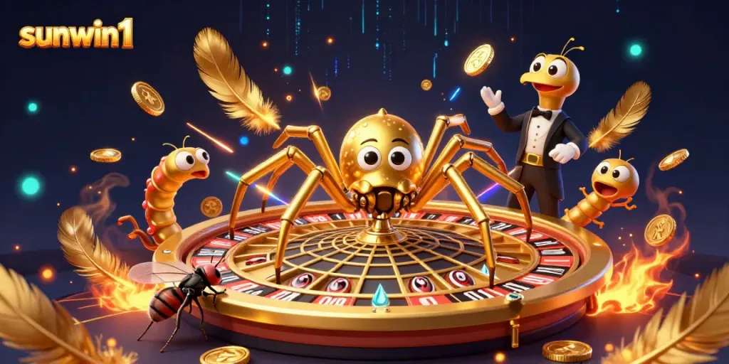 Engage with sunwin1's interactive gaming experience featuring a spider, fly, and centipede in a roulette web scene.