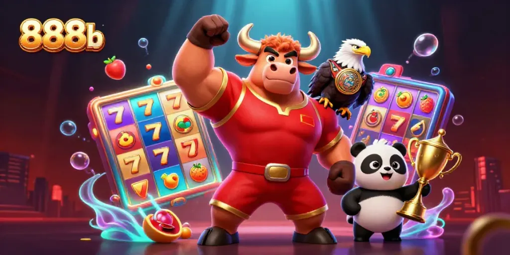 Win big with 888b as the cheerful characters celebrate amidst slot reels and vibrant gaming elements.