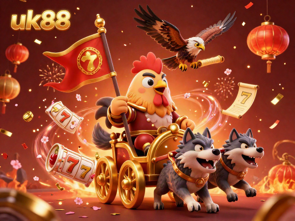 Engage in thrilling gameplay at uk88 with a vibrant scene of a rooster warlord conquering the casino world.