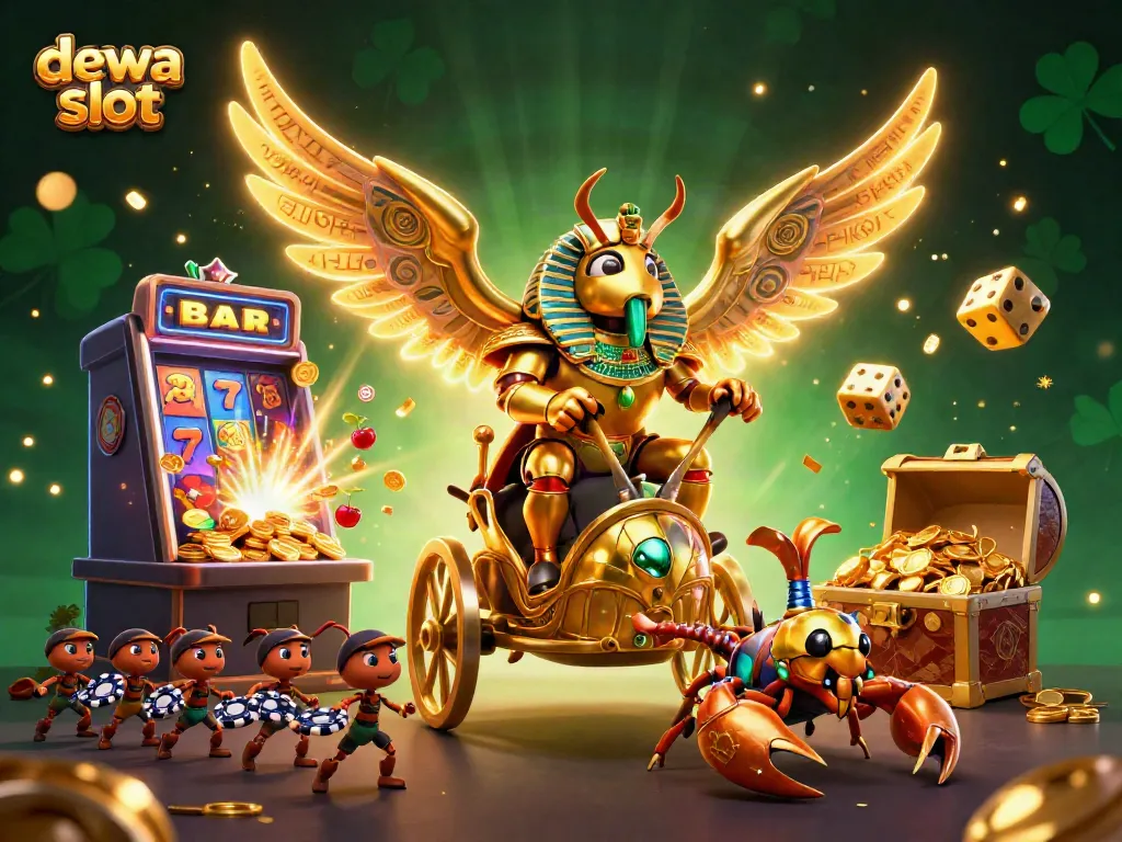 Engage with the thrilling dewa slot experience featuring a vibrant 3D scene of casino elements and characters.