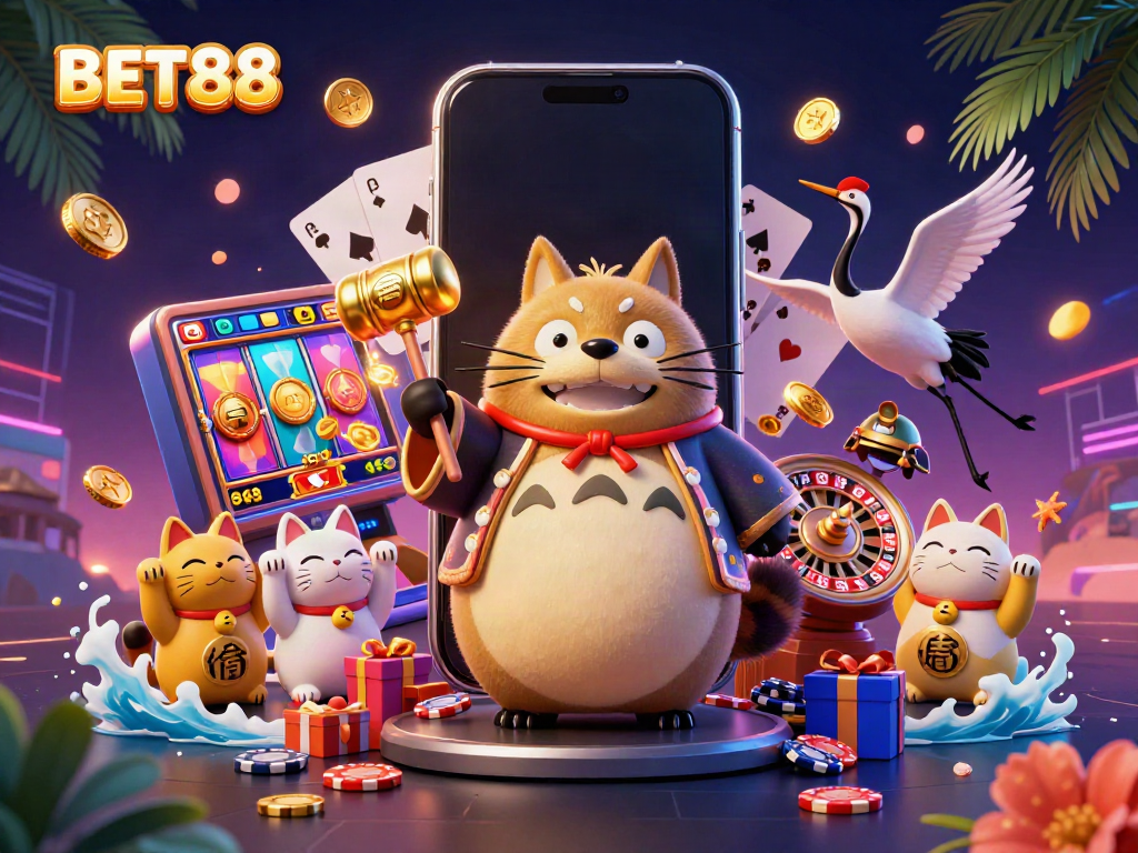 Engaging BET88 online casino scene with cheerful tanuki, crane, and fortune cats amidst dynamic gaming elements.