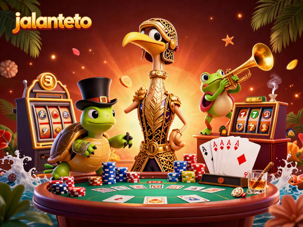 Experience the vibrant online gambling world with jalantoto's dynamic scene filled with slots and casino characters.