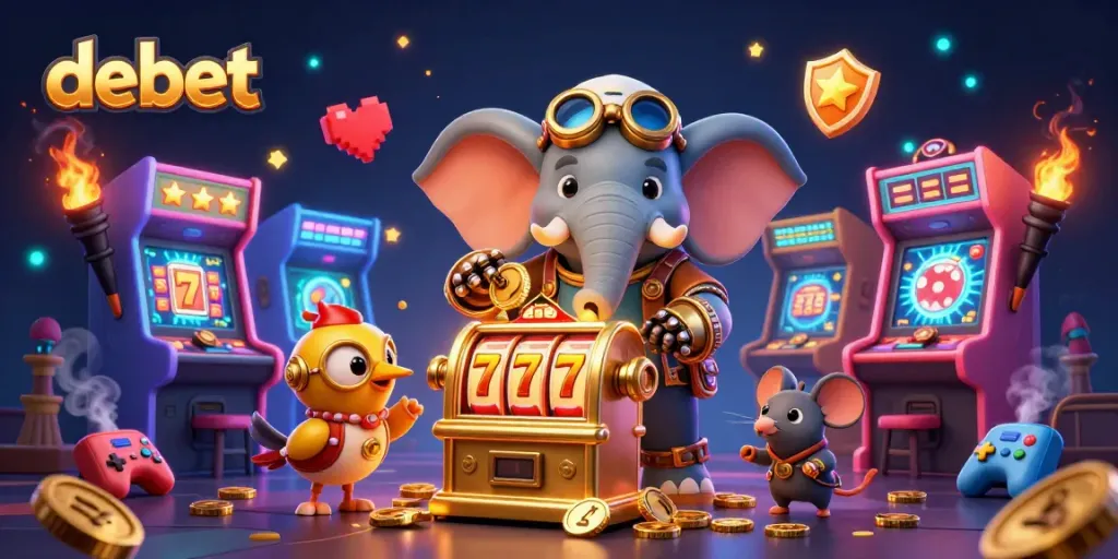 Engage with the debet casino experience, featuring a steampunk elephant operating a slot machine amidst vibrant gaming elements.