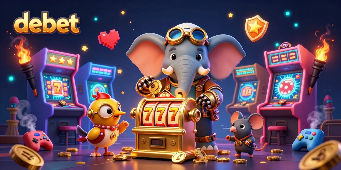 Engage with the debet casino experience, featuring a steampunk elephant operating a slot machine amidst vibrant gaming elements.