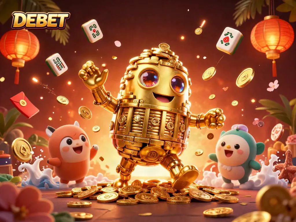 Experience the thrilling DEBET casino action with an animated golden golem symbolizing fortune.