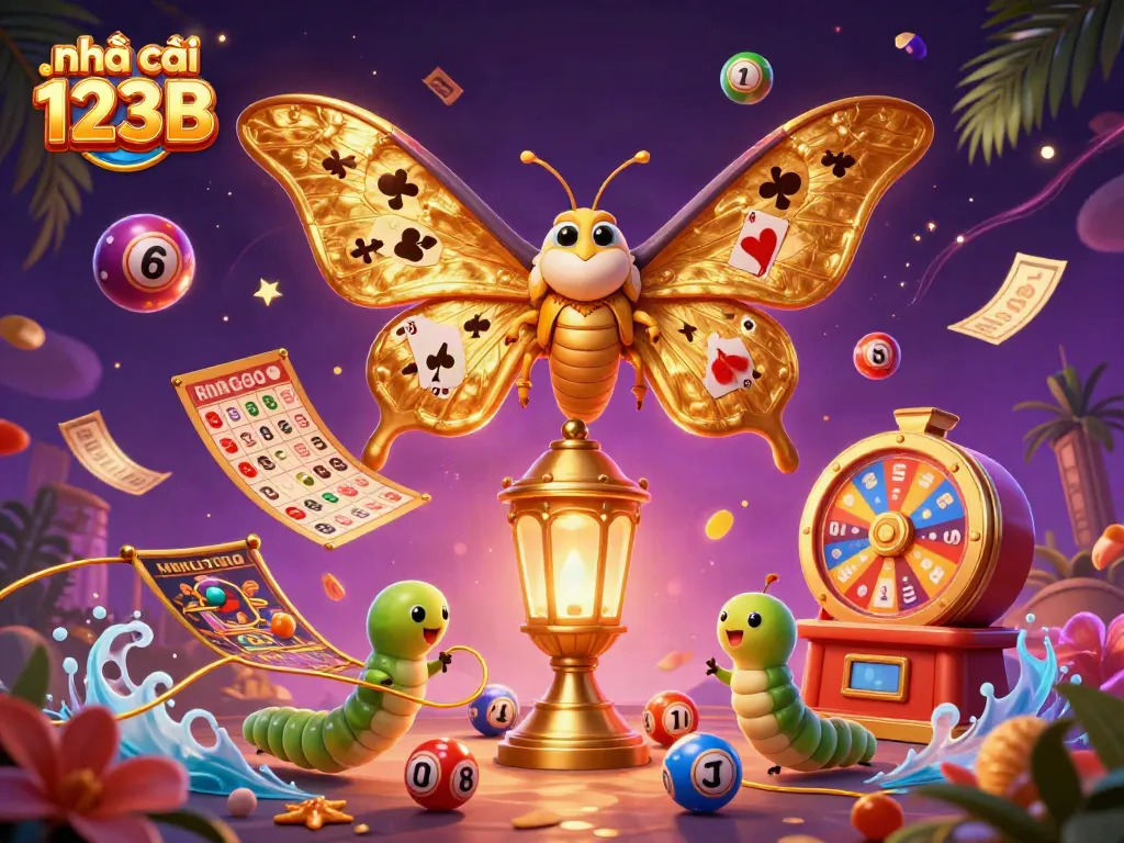Experience the vibrant lottery excitement at nhà cái 123B with dynamic colorful elements and 3D illustrations